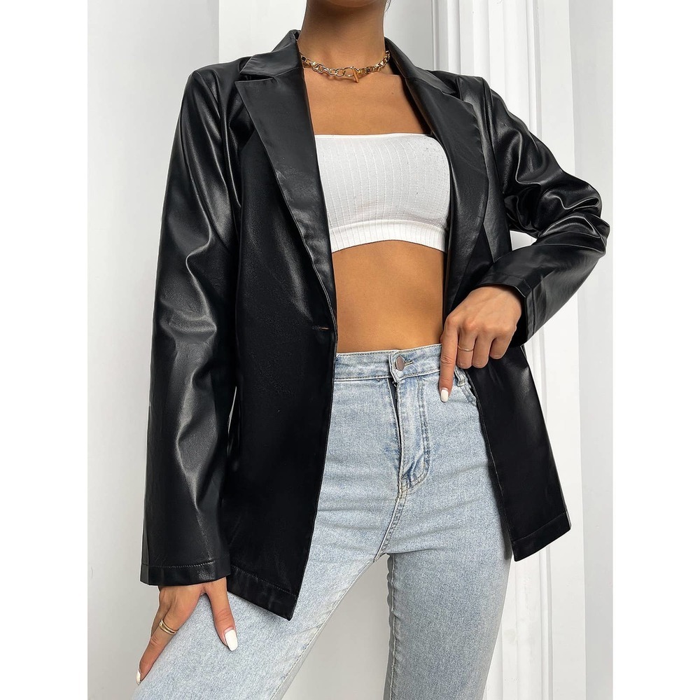 Lapel Collar Single Button Vegan Leather Blazer jacket black